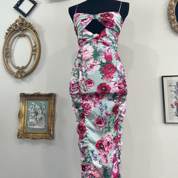 For Love & Lemons Mint Floral Cutout Ruched Midi Dress - Picture 1 of 8
